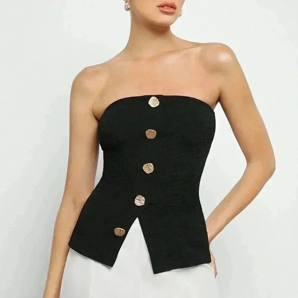 Black Casual Women's Button Front Split Hem Bandeau Top - Picture 7 of 7